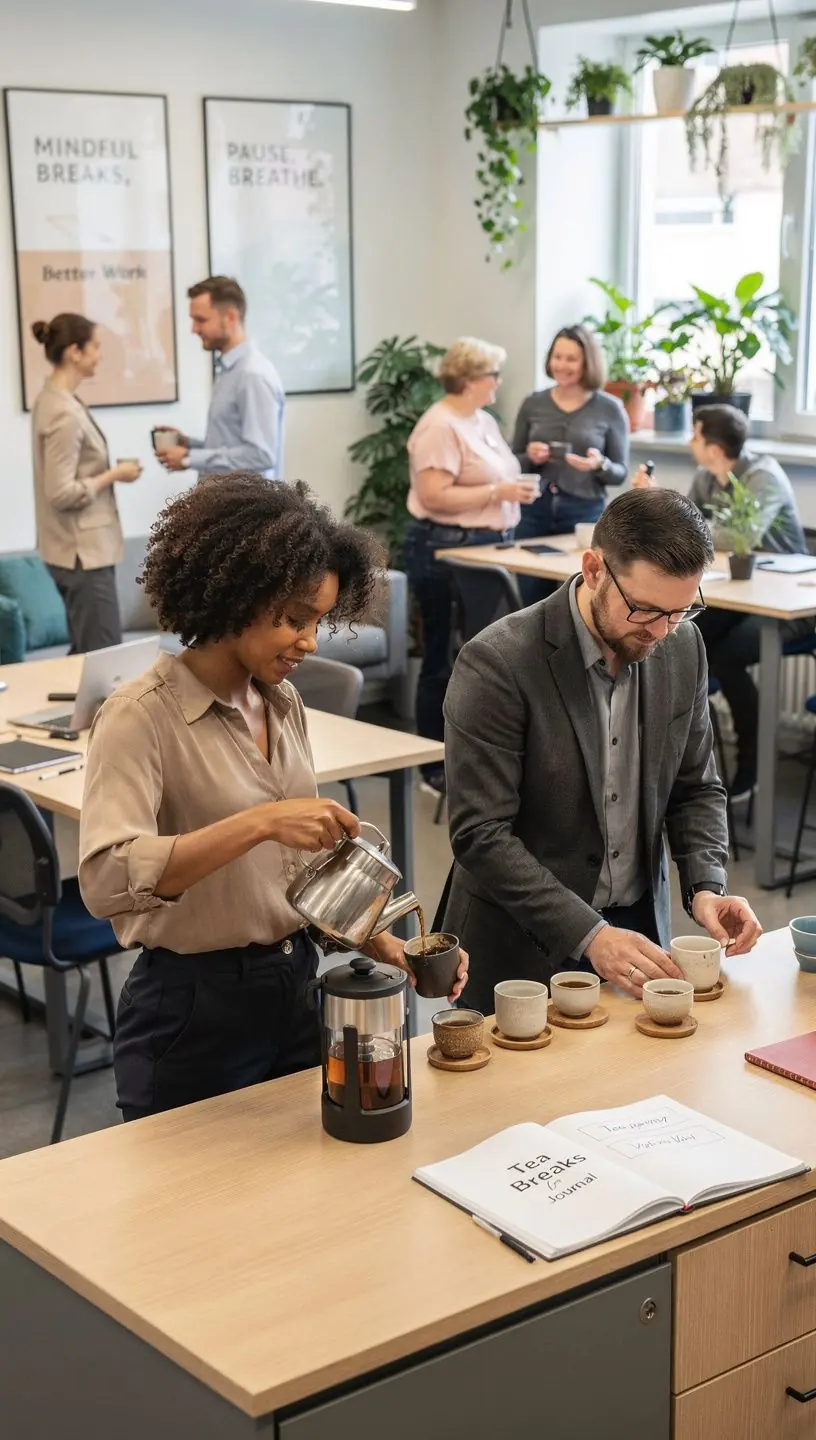 Švelniai garuojanti arbata ant stalo šalia laikmačio, iliustruojanti trumpų pertraukų svarbą darbo metu.