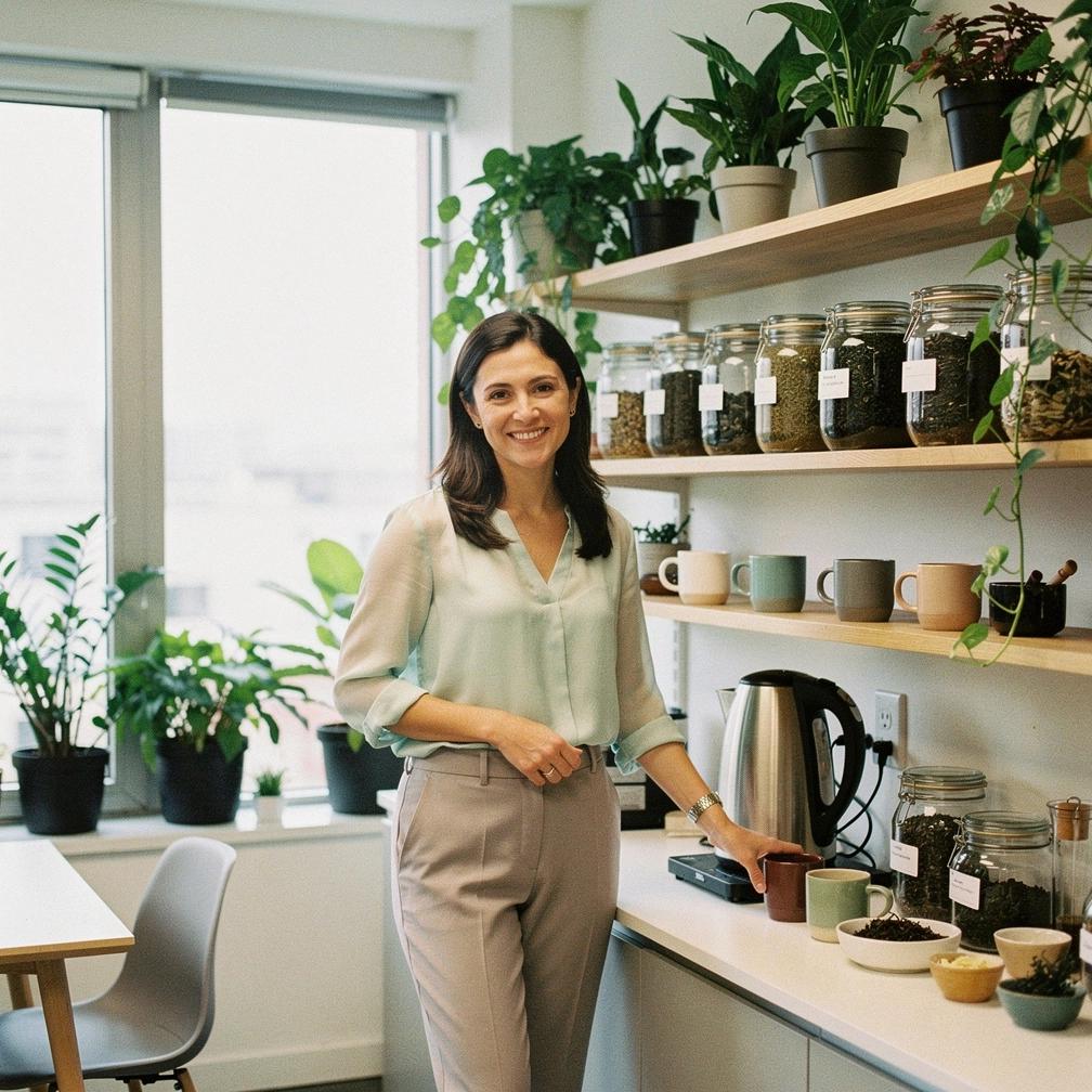 Žmogus užrašinėja pastabas apie arbatos pertraukėlių naudą savo dienotvarkėje.