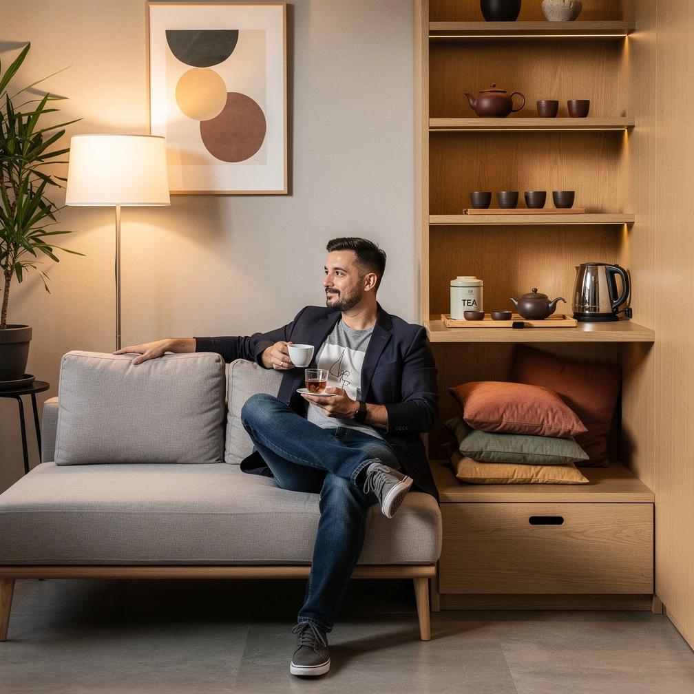 Rami kambario atmosfera su arbatos rinkiniu ir žurnalu apie įpročių formavimą.