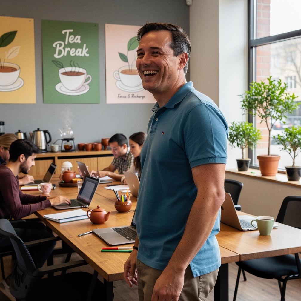 Stilinga arbatos servizė su žiedais ir rekomendacijomis apie mažas arbatos pertraukėles.